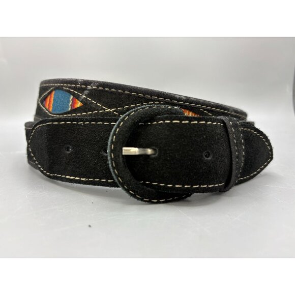 Black Suede Southwest Pattern Belt With Colorful Embroidered Inlay Aztec 43" - Picture 3 of 6
